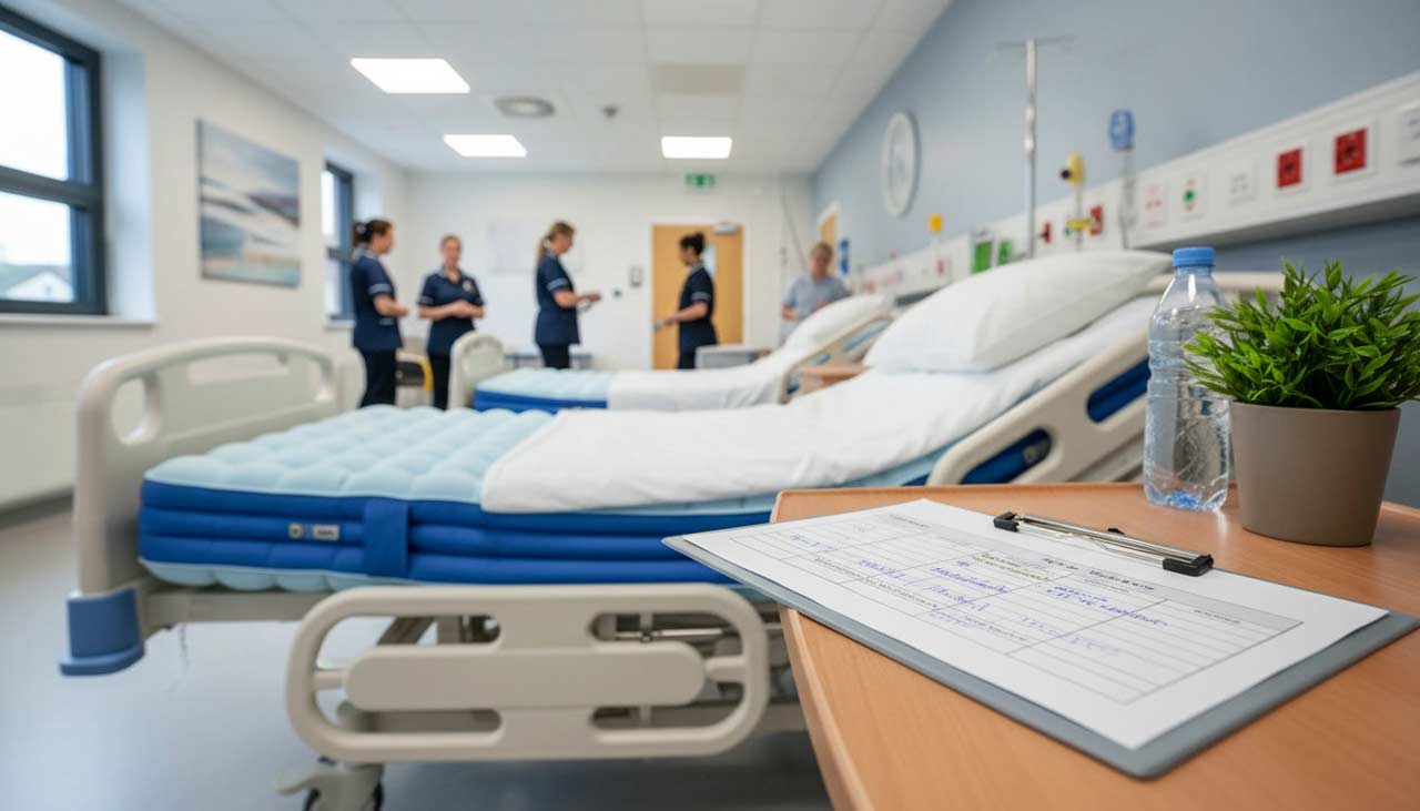 Hospital bedside scene with a turning schedule chart on a clipboard and a pressure relieving mattress visible on the bed