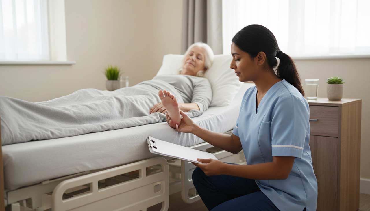 Care home bedroom with an older adult resting in bed while a nurse checks skin condition and notes observations on a clipboard