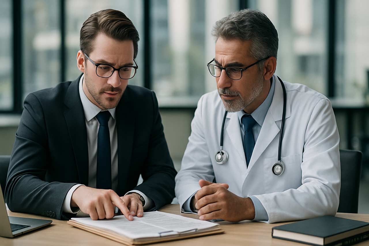 Solicitor reviewing clinical notes with doctor in office, discussing care standards - Curtis Legal